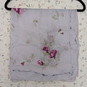 Vintage Silk Floral Sheer Scarf 30" x 30" Roses Ferns Square Feminine Pink